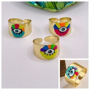Boho Evil Eye Enamel and Copper Adjustable Ring #1300 BLUE MULTI